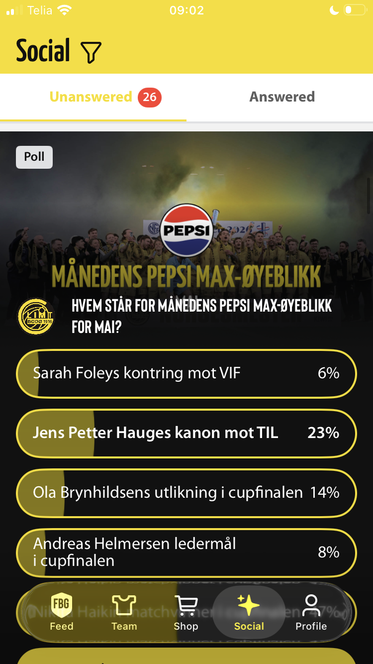 Fan poll with live results inside the club app